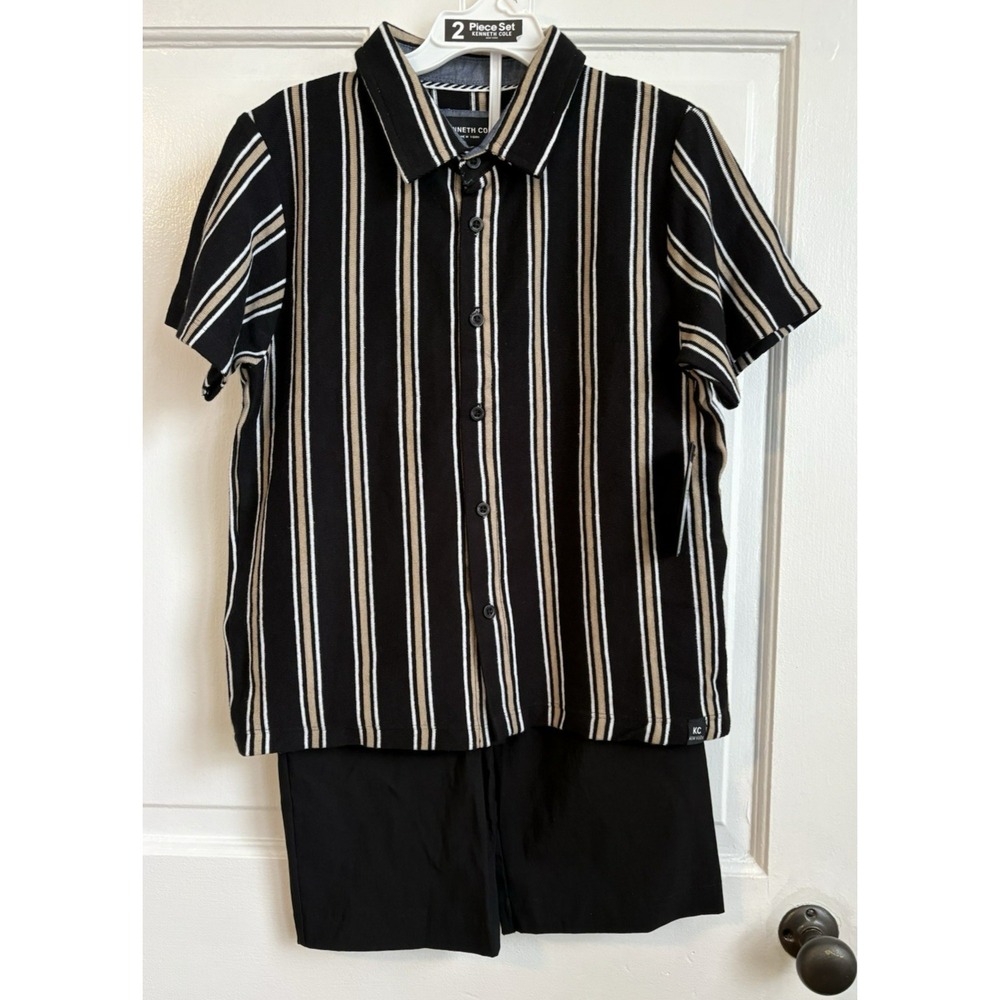 Kenneth Cole Boys 2PC Jacquard Polo and Tech Shorts Set Black Khaki KP5A8KHAM 7
